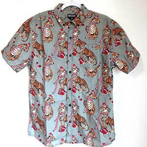Mens Tiger Santa Buttondown Gray Short Sleeve Shirt Medium with Chest Pocket